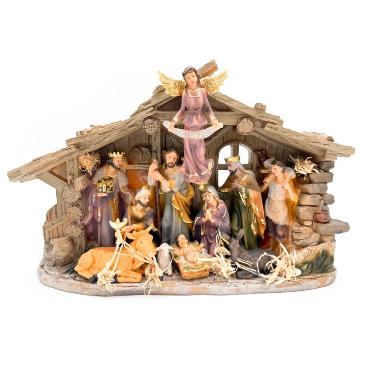 Szopka bożonarodzeniowa kamienna 38 cm z oświetleniem i figurami