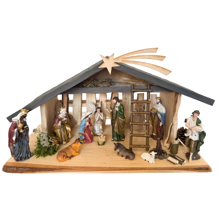 Szopka bożonarodzeniowa drewniana z oświetleniem i ogniskiem + figury 21 cm