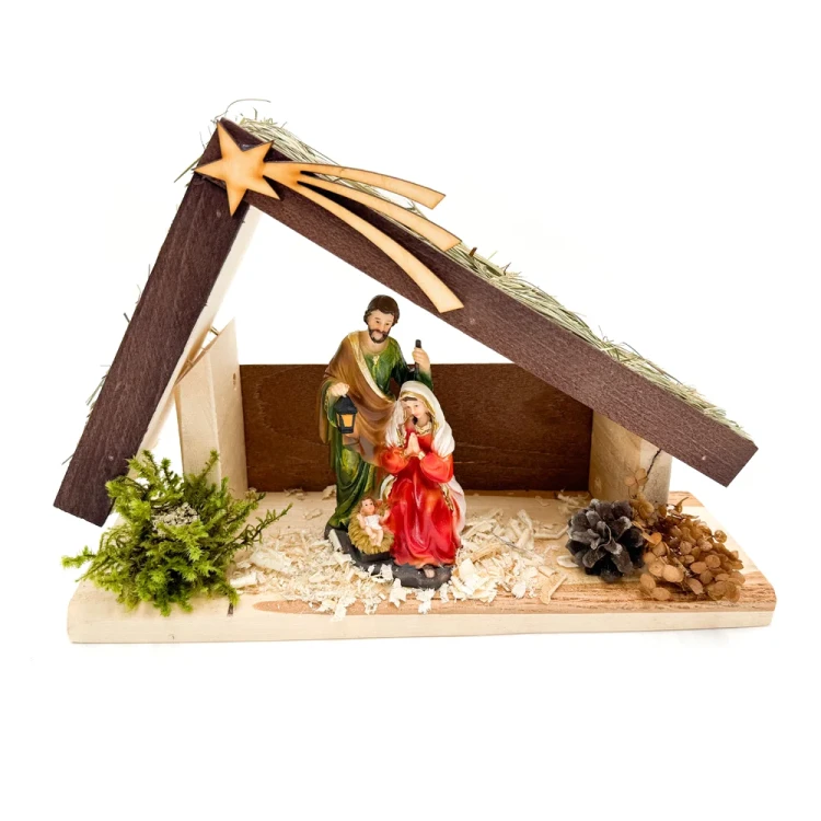Szopka bożonarodzeniowa drewniana z oświetleniem + figura Świętej Rodziny 13 cm