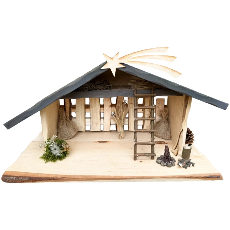 Szopka bożonarodzeniowa drewniana z oświetleniem i ogniskiem duża 75 cm - dach drewniany