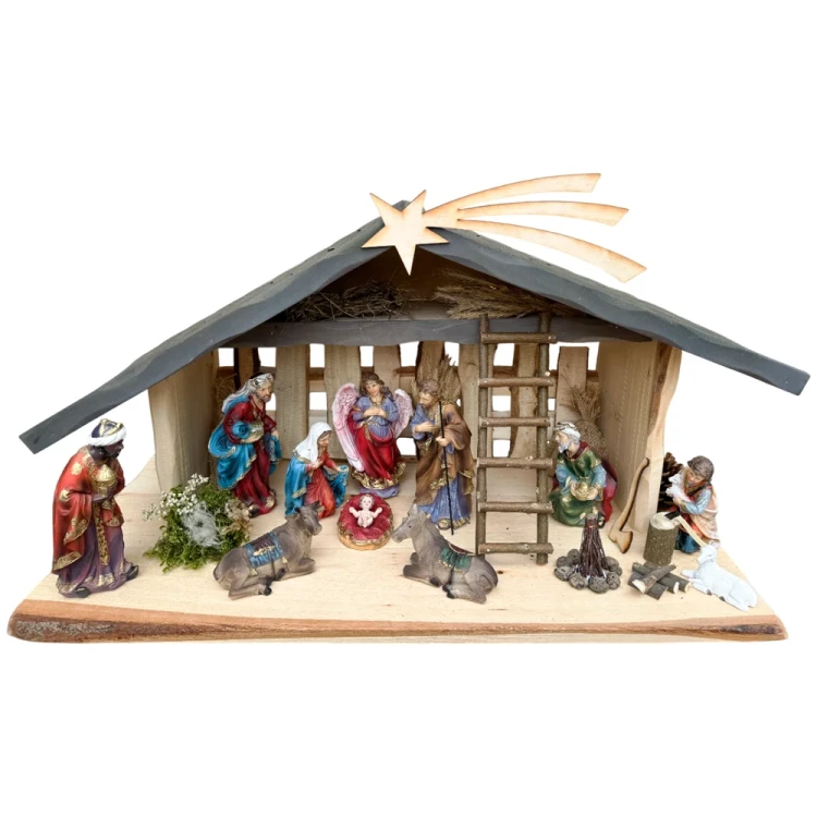 Szopka bożonarodzeniowa drewniana z oświetleniem i ogniskiem + figury 20 cm - dach drewniany
