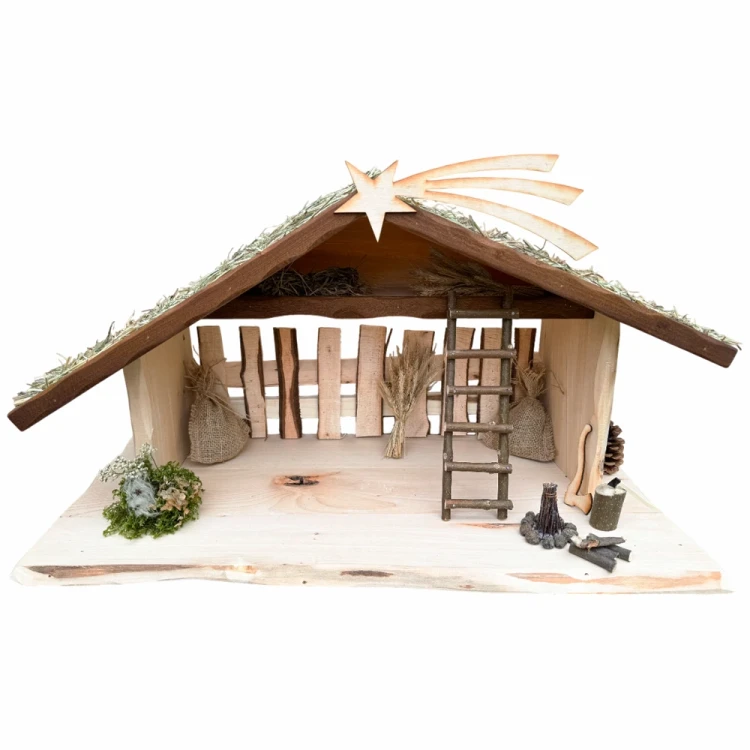 Szopka bożonarodzeniowa drewniana z oświetleniem i ogniskiem duża 75 cm - dach z siana