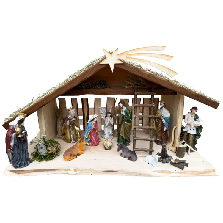 Szopka bożonarodzeniowa drewniana z oświetleniem i ogniskiem + figury 21 cm - dach z siana