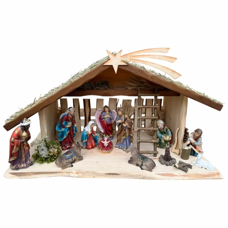 Szopka bożonarodzeniowa drewniana z oświetleniem i ogniskiem + figury 20 cm - dach z siana