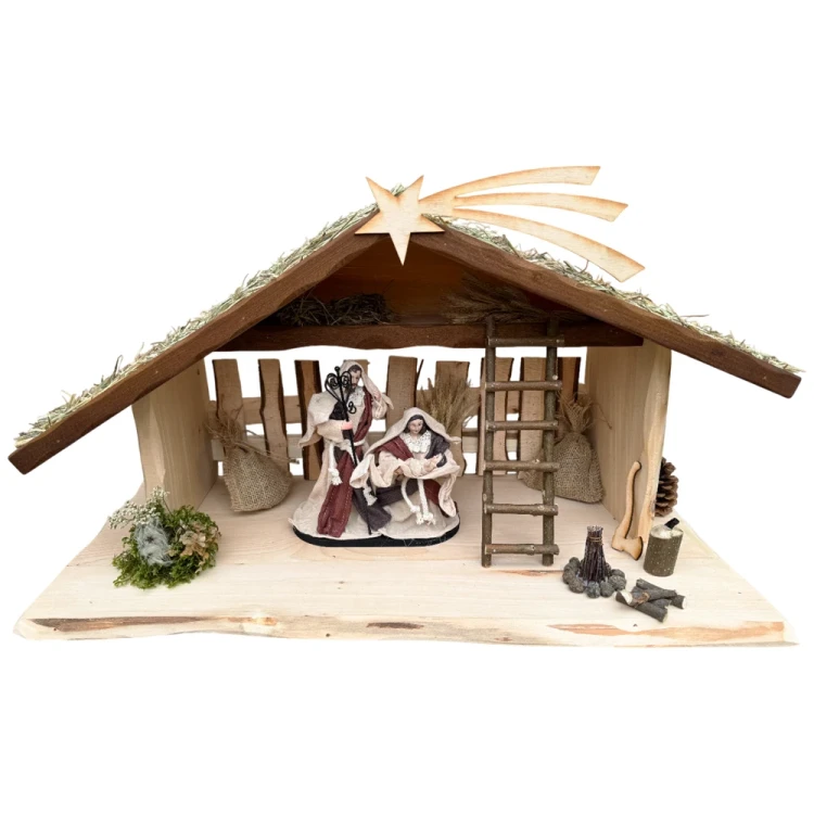 Szopka bożonarodzeniowa drewniana z oświetleniem i ogniskiem + Św. Rodzina 20 cm - dach z siana