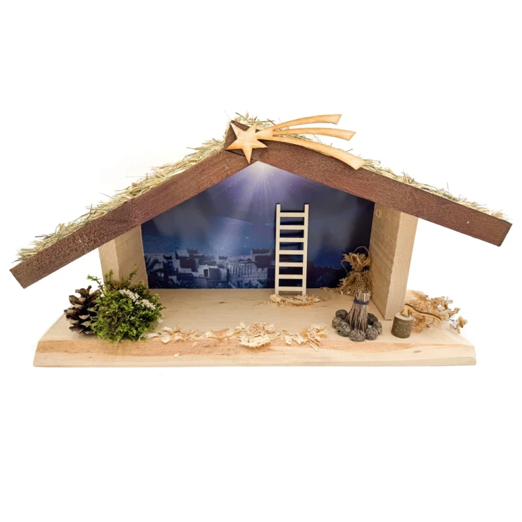 Szopka bożonarodzeniowa drewniana z oświetleniem i ogniskiem duża 44 cm