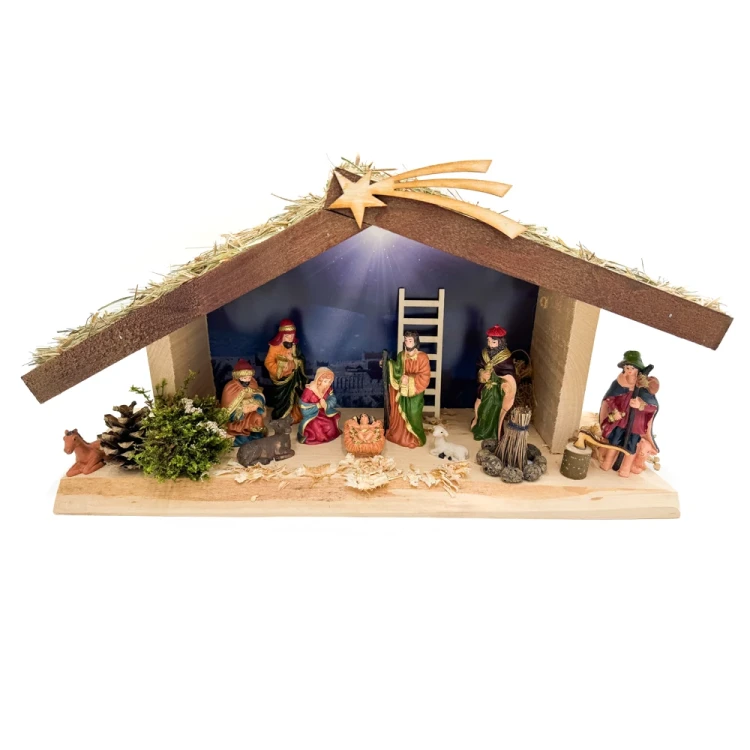 Szopka bożonarodzeniowa drewniana z oświetleniem + figury kolorowe 10 cm
