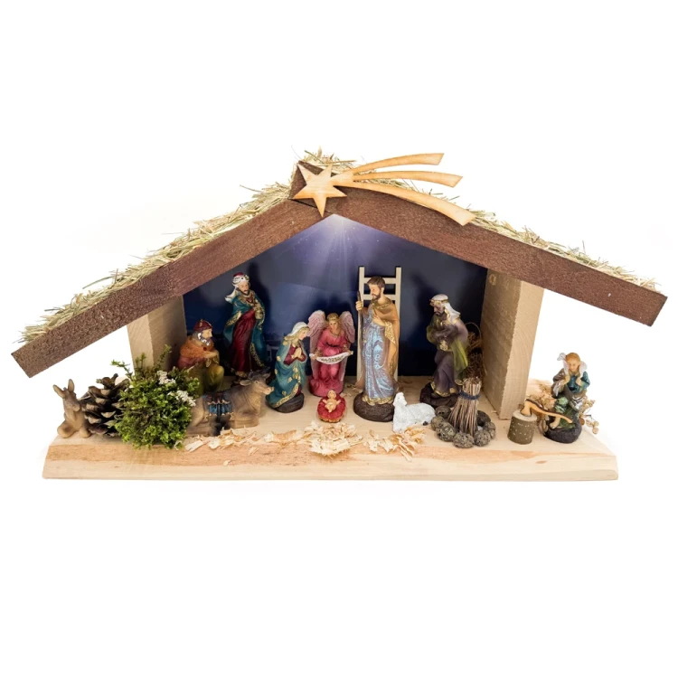 Szopka bożonarodzeniowa drewniana z oświetleniem + figury kolorowe 13 cm