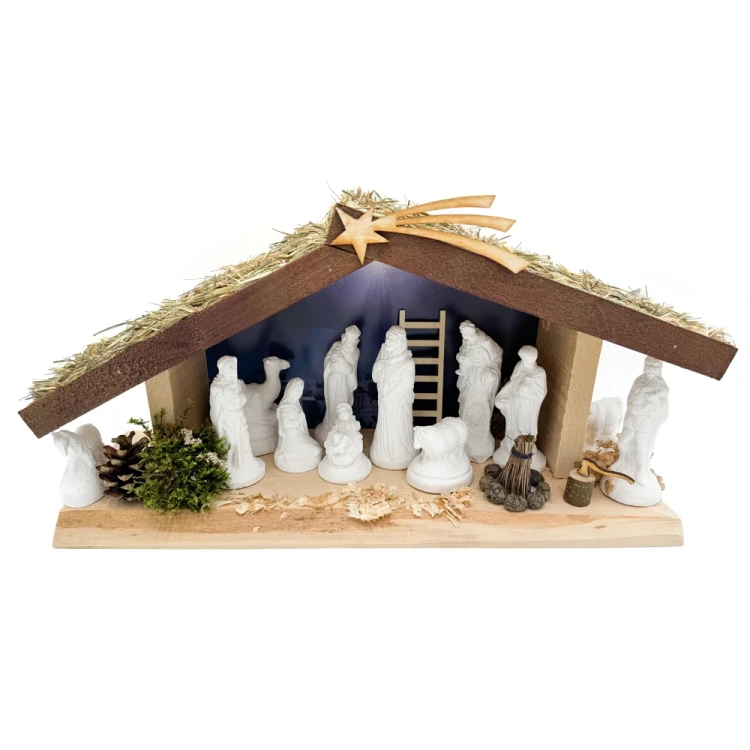 Szopka bożonarodzeniowa drewniana z oświetleniem + figury gipsowe 12 cm
