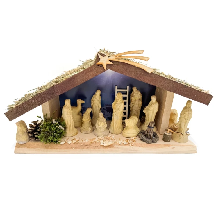 Szopka bożonarodzeniowa drewniana z oświetleniem + figury 12 cm w kolorze drewna