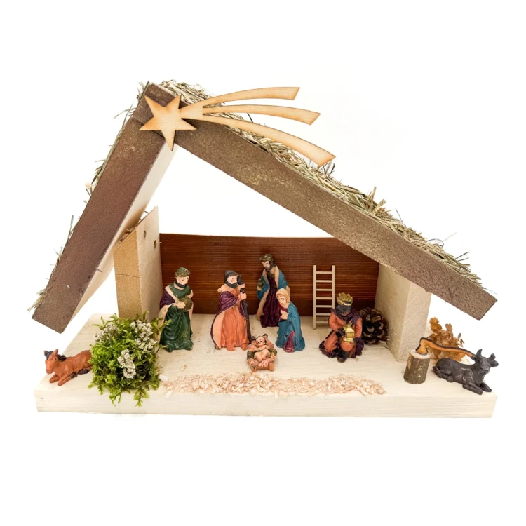 Szopka bożonarodzeniowa drewniana z oświetleniem + figury kolorowe 8 cm