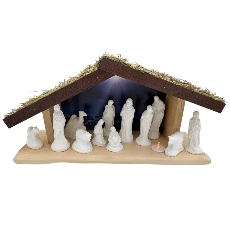 Szopka bożonarodzeniowa drewniana + figury 12 cm