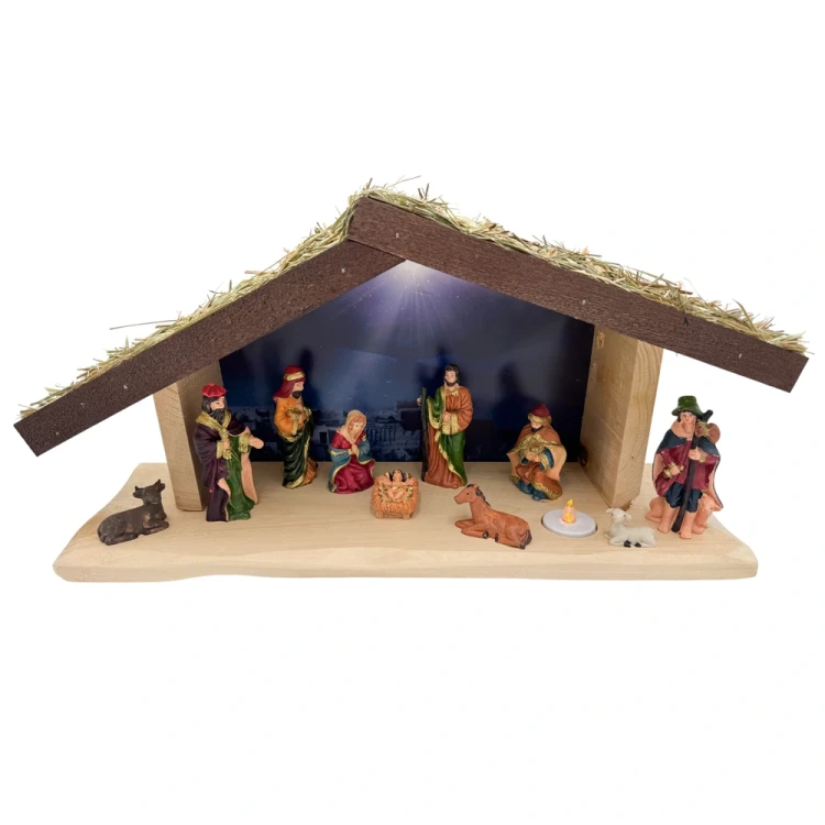 Szopka bożonarodzeniowa drewniana + figury 10 cm