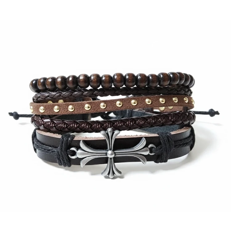 Bransoletka skórzana z krzyżem - zestaw 4 bransoletek