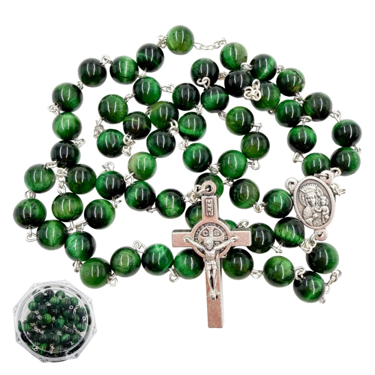 Różaniec z naturalnego tygrysiego oka zielonego