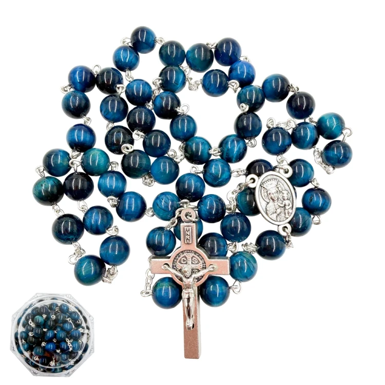 Różaniec z naturalnego tygrysiego oka turkusowego