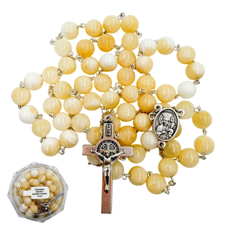 Różaniec z naturalnego nefrytu bursztynowego