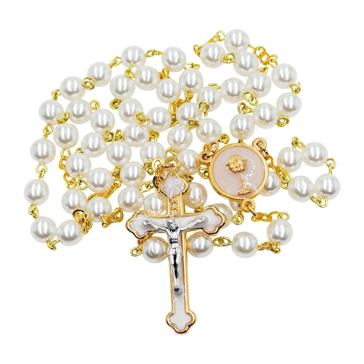 Różaniec komunijny perłowy złoty
