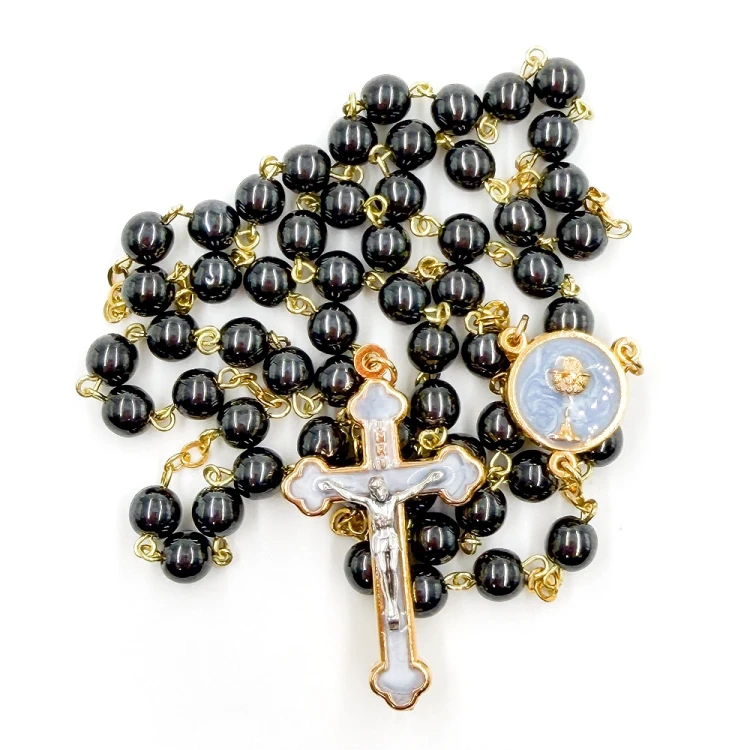 Różaniec komunijny hematyt + masa perłowa