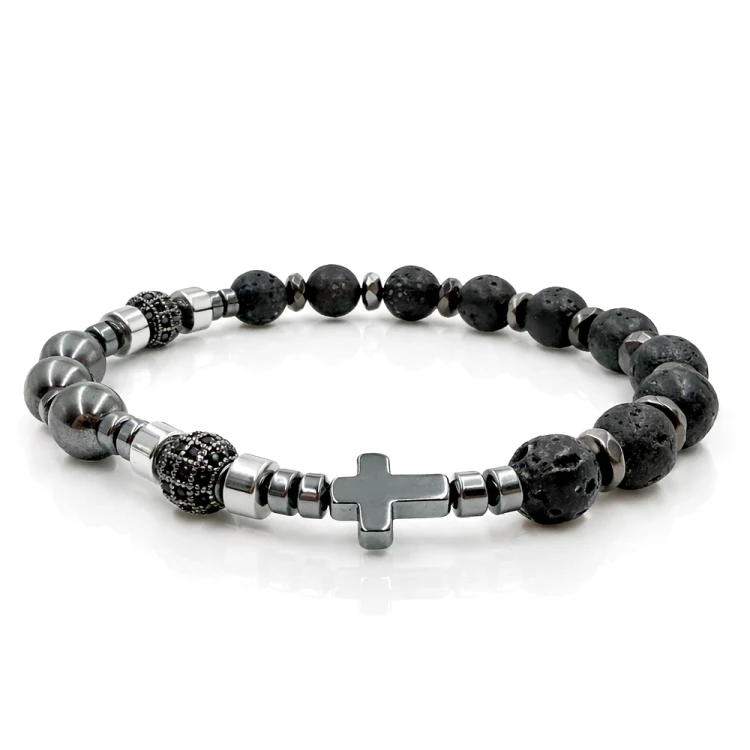 Bransoletka z lawy wulkanicznej z krzyżem
