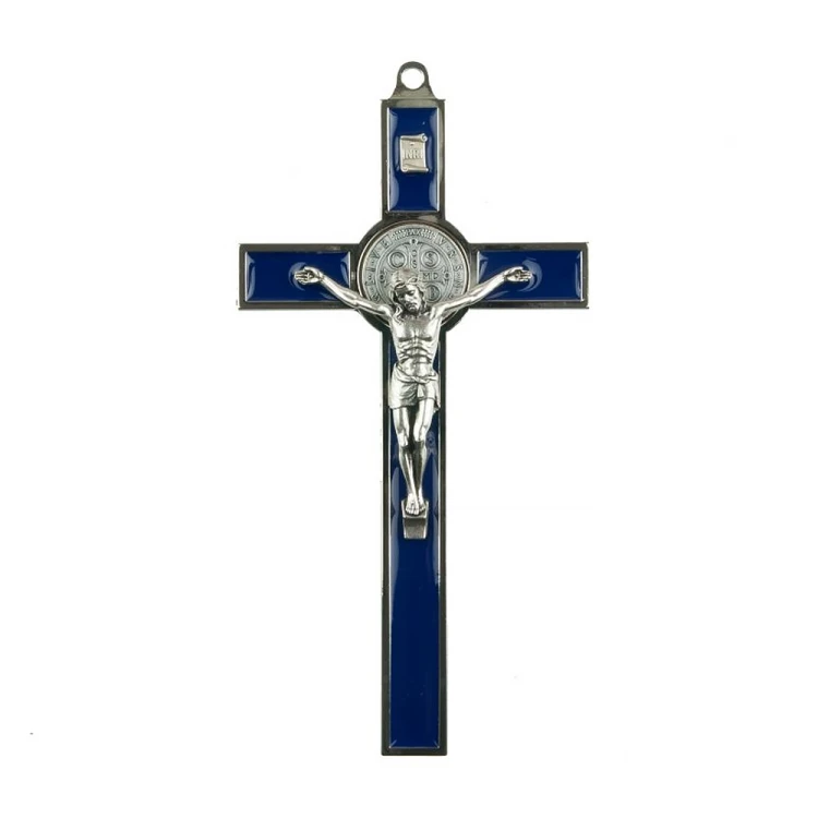 Krzyż Św. Benedykta niebieski metalowy 20 cm