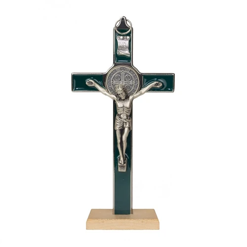 Krzyż Św. Benedykta stojący 20 cm zielony metalowy