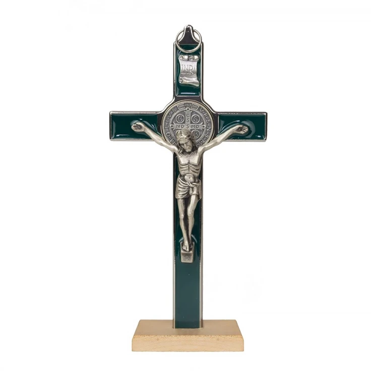 Krzyż Św. Benedykta stojący 20 cm zielony metalowy
