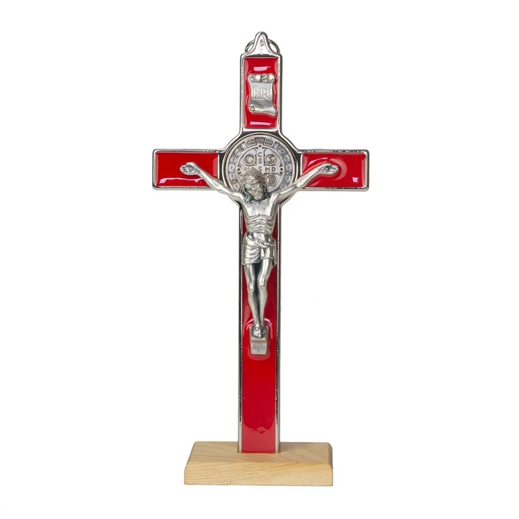 Krzyż Św. Benedykta stojący 20 cm czerwony metalowy