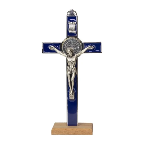Krzyż Św. Benedykta stojący 20 cm niebieski metalowy