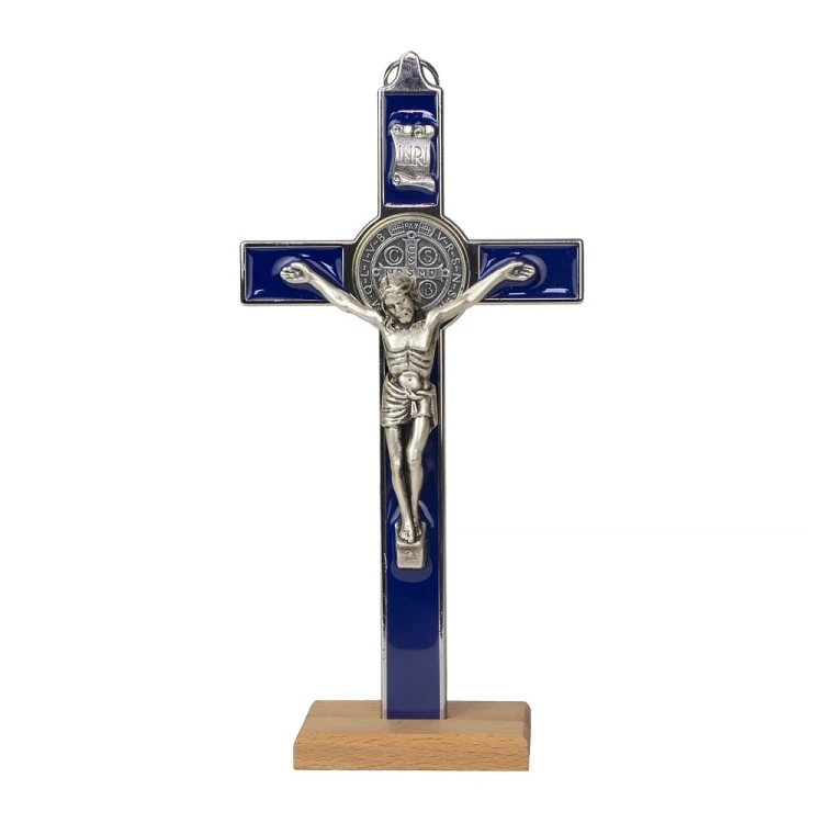 Krzyż Św. Benedykta stojący 20 cm niebieski metalowy