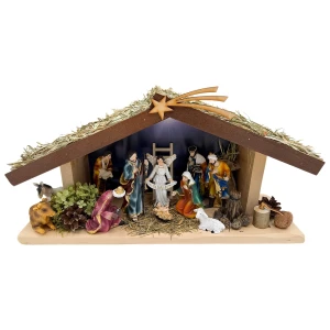 Szopka bożonarodzeniowa drewniana z oświetleniem + figury kolorowe 12 cm - 11 figur