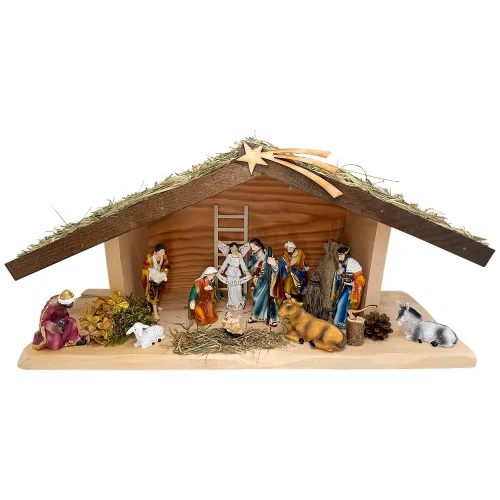 Szopka bożonarodzeniowa drewniana z oświetleniem + figury kolorowe 12 cm - dach z siana