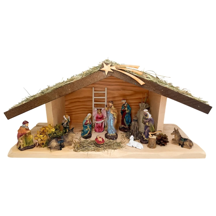Szopka bożonarodzeniowa drewniana z oświetleniem + figury 13 cm - dach z siana