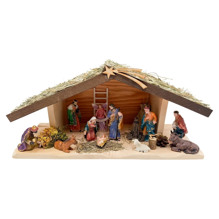 Szopka bożonarodzeniowa drewniana z oświetleniem + figury 12 cm - dach z siana