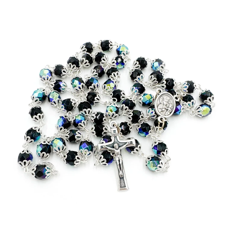 Różaniec kryształowy czarny z kapturkiem