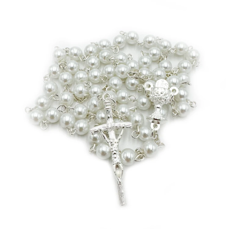 Różaniec komunijny perłowy biały