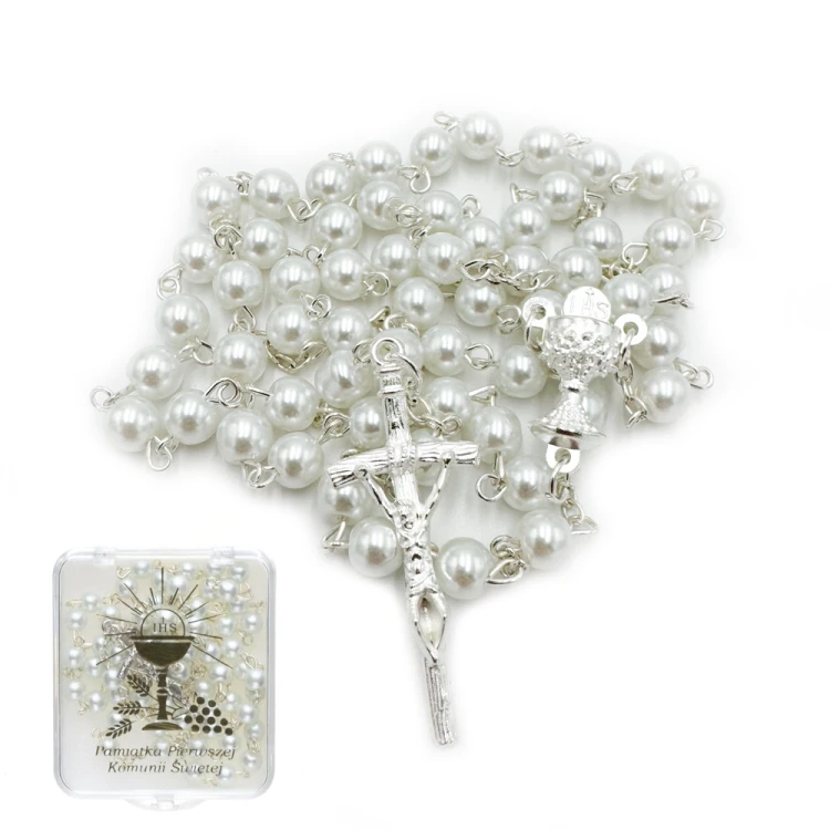 Różaniec komunijny perłowy biały z pudełkiem