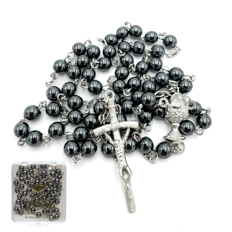 Różaniec komunijny hematyt z pudełkiem