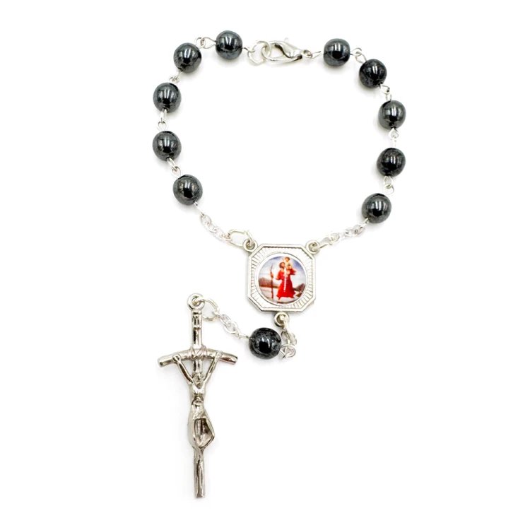 Różaniec ze św. Krzysztofem hematyt kulka - dziesiątka