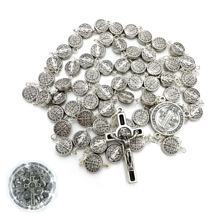 Różaniec benedyktyński metalowy z pudełkiem