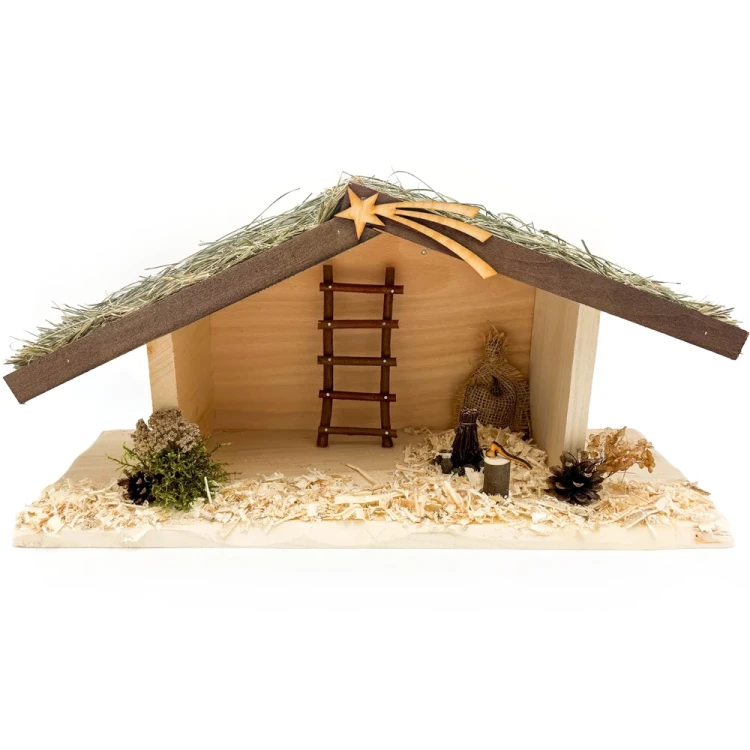 Szopka bożonarodzeniowa drewniana z oświetleniem i ogniskiem duża 53 cm